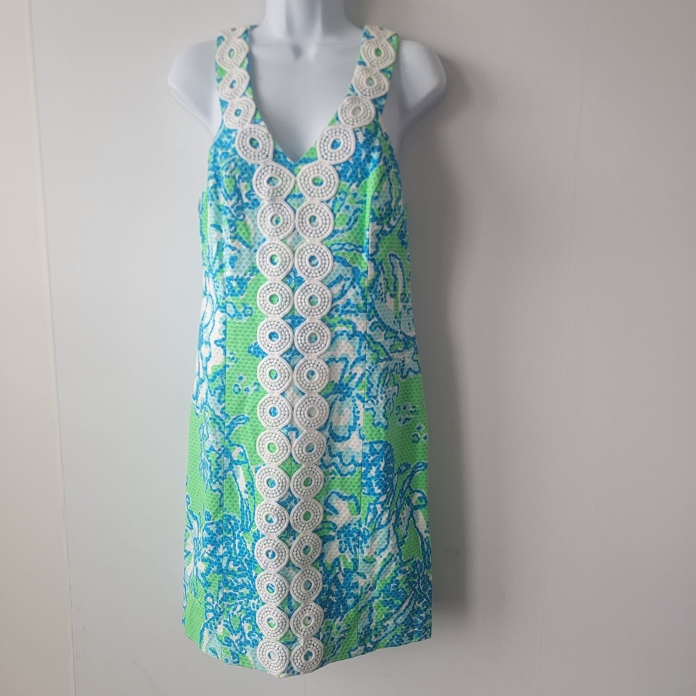 Lilly Pulitzer Trudy Go Go Green Northeast Hahbah Lace Trim Shift Dress size 6